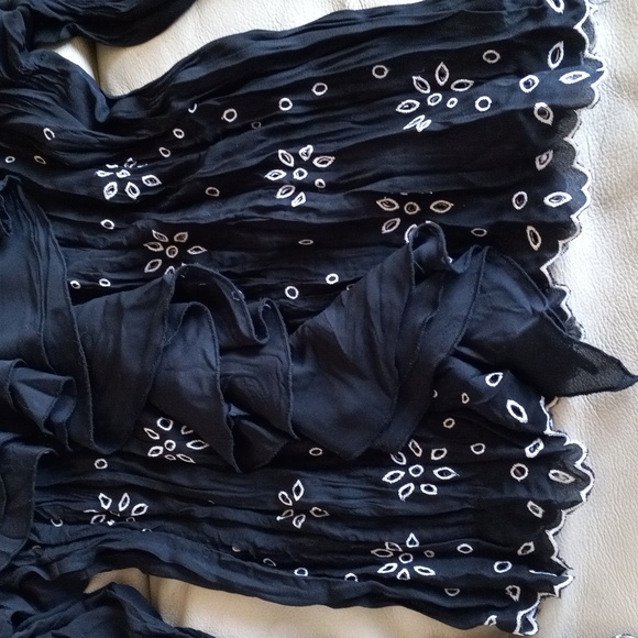 Boho Indi California Black White Foral Embroidered LongSleeve Sheer Blouse SizeL - Picture 4 of 6